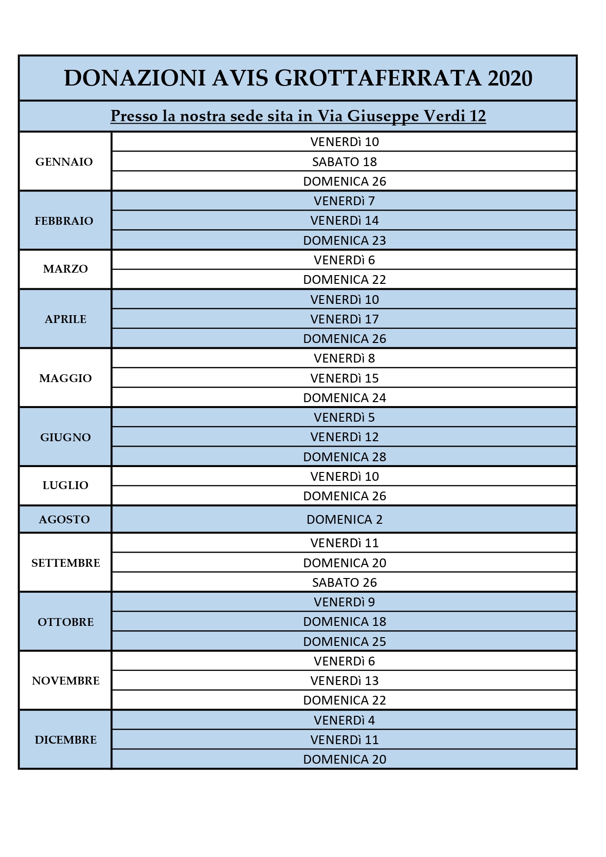 CALENDARIO DONAZIONI ANNO 2020