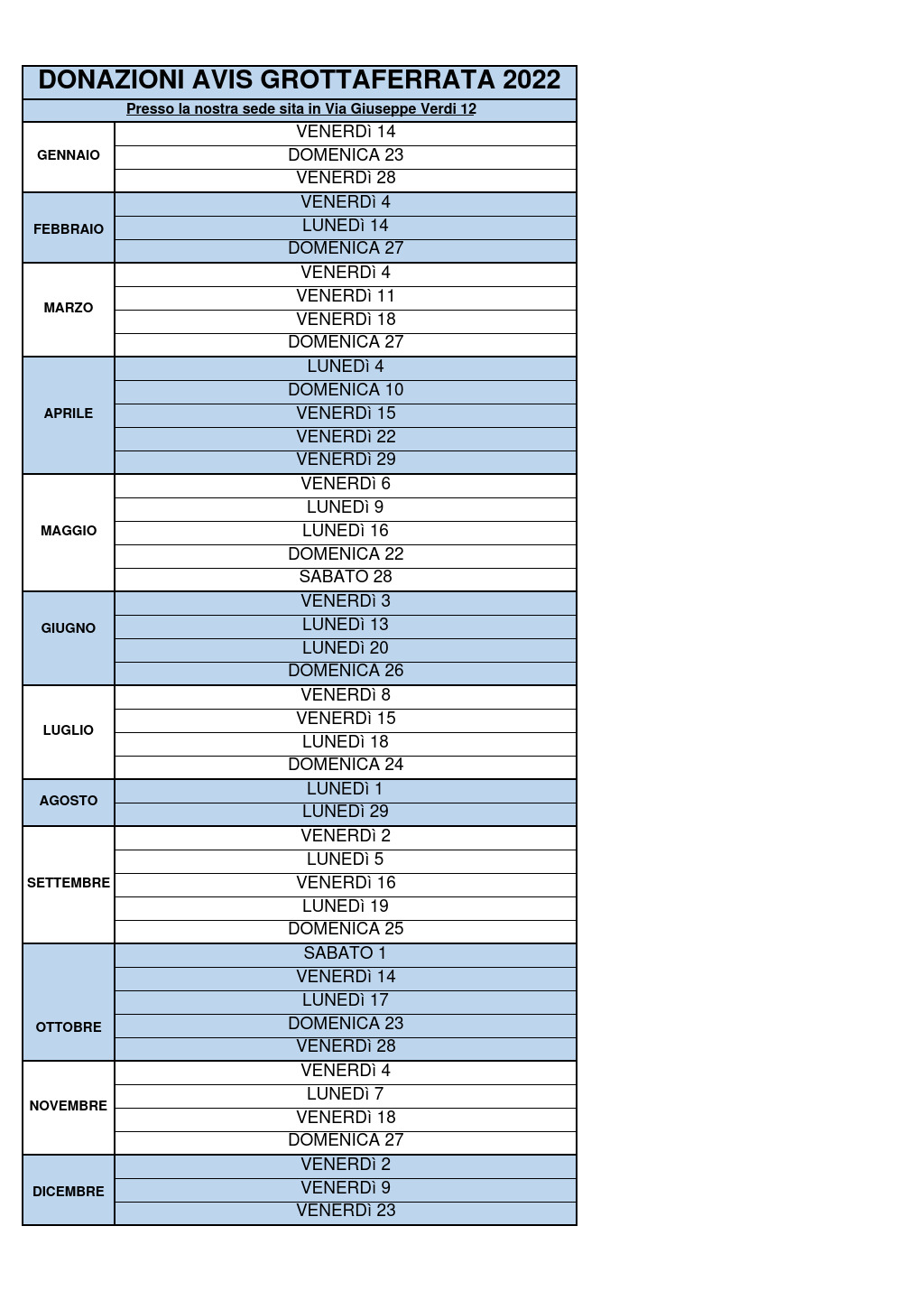 CALENDARIO RACCOLTE SANGUE 2022